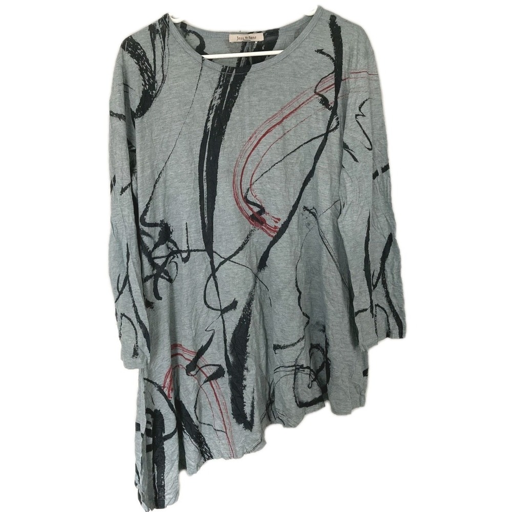 Jess & Jane Tunic Top Women L Blue Abstract 3/4 Sleeve Crushed Asym Hem USA